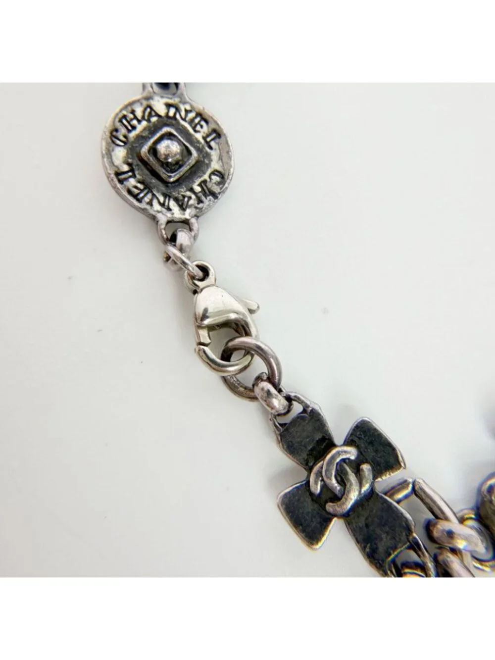 Chanel CC Logo Multi Charm Bracelet Plated Silver Vintage